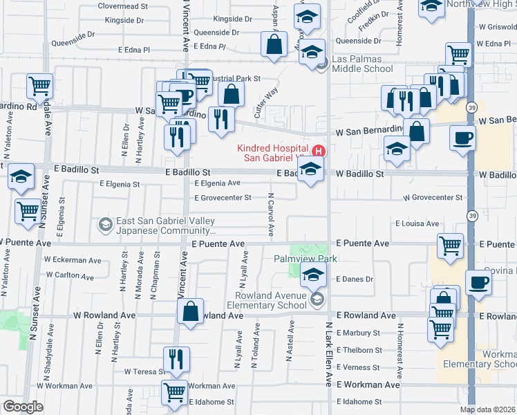 map of restaurants, bars, coffee shops, grocery stores, and more near 1223 East Louisa Avenue in West Covina