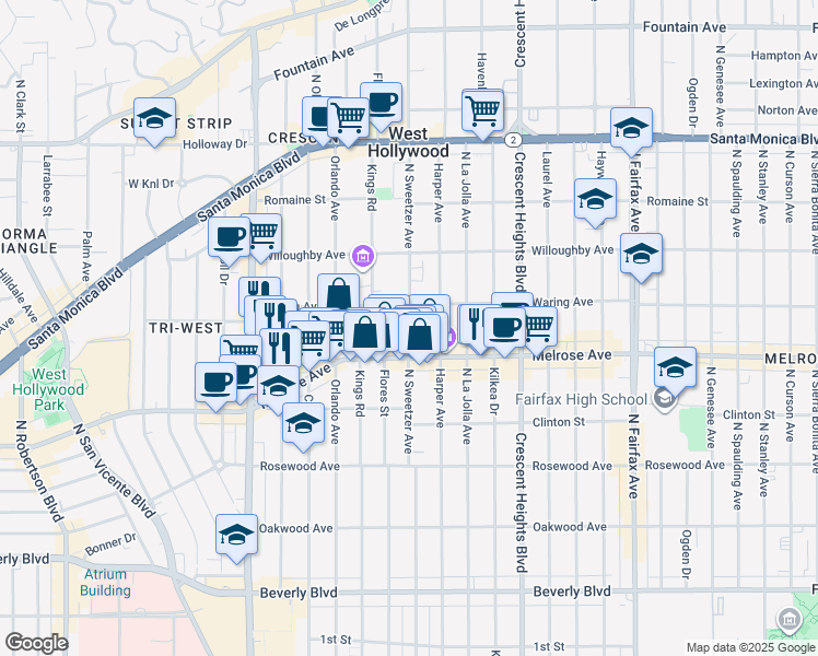 map of restaurants, bars, coffee shops, grocery stores, and more near 740 North Kings Road in Los Angeles