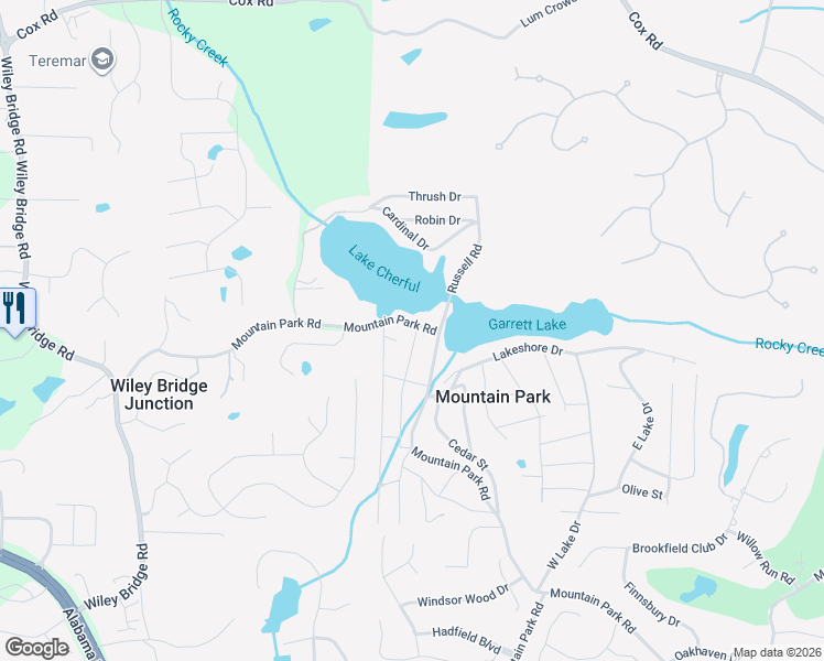 map of restaurants, bars, coffee shops, grocery stores, and more near 109 Mountain Park Road in Roswell