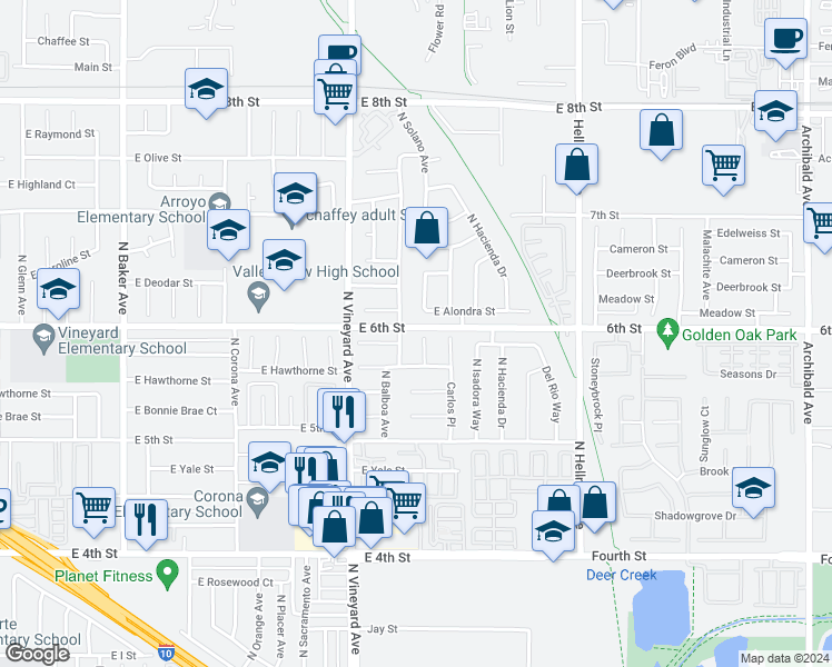 map of restaurants, bars, coffee shops, grocery stores, and more near 1463 North Solano Place in Ontario