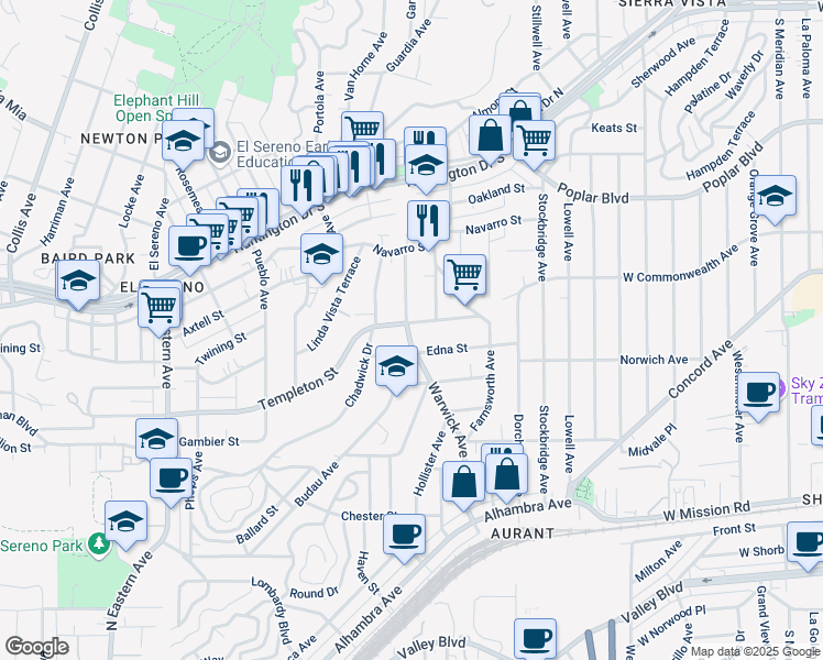 map of restaurants, bars, coffee shops, grocery stores, and more near 5302 Templeton Street in Los Angeles