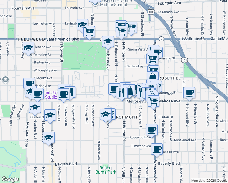 map of restaurants, bars, coffee shops, grocery stores, and more near 737 North Ridgewood Place in Los Angeles