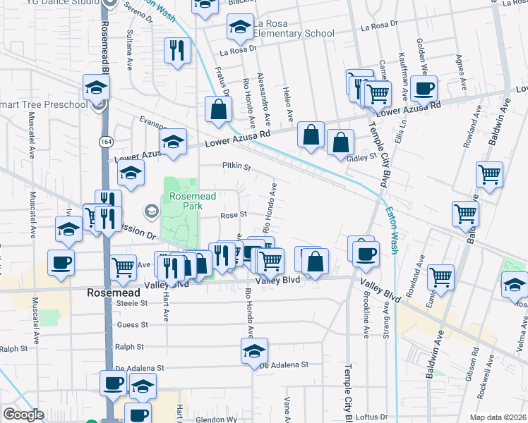 map of restaurants, bars, coffee shops, grocery stores, and more near 4303 Rio Hondo Avenue in Rosemead