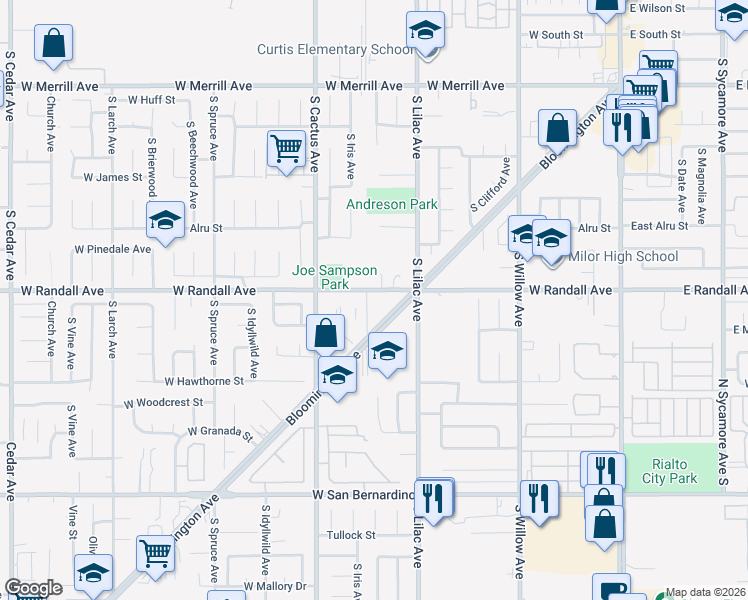 map of restaurants, bars, coffee shops, grocery stores, and more near 545 West Randall Avenue in Rialto