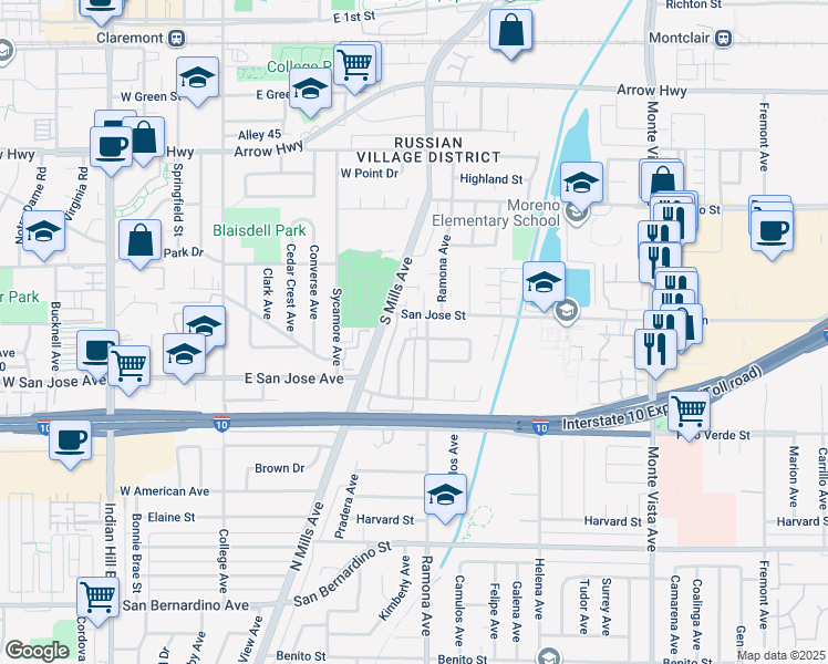 map of restaurants, bars, coffee shops, grocery stores, and more near 4484 La Deney Street in Montclair