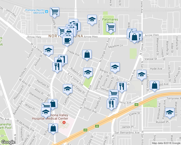 map of restaurants, bars, coffee shops, grocery stores, and more near 288 Royal Coach Avenue in Pomona