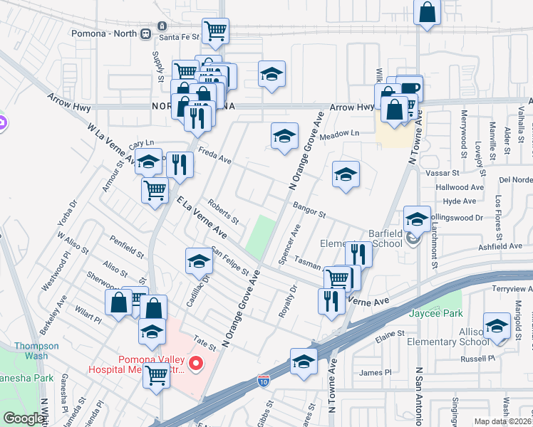map of restaurants, bars, coffee shops, grocery stores, and more near 288 Royal Coach Avenue in Pomona