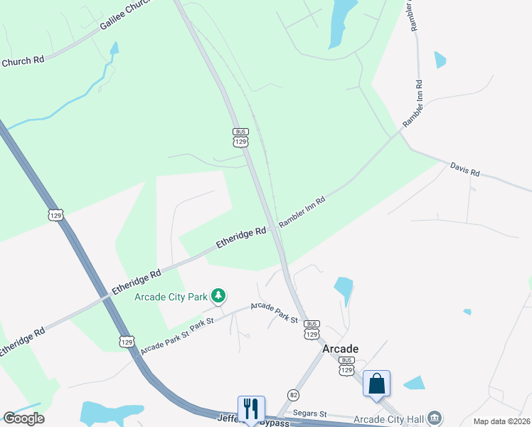 map of restaurants, bars, coffee shops, grocery stores, and more near 2376 U.S. 129 Business in Jefferson