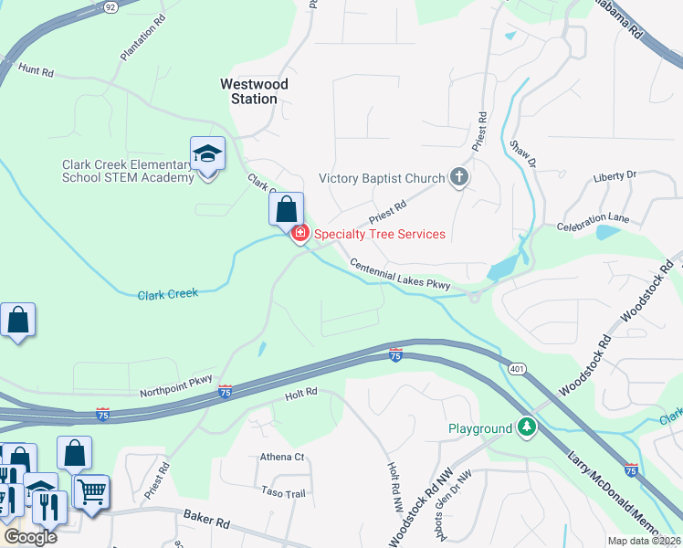 map of restaurants, bars, coffee shops, grocery stores, and more near 140 Centennial Creek Place Northwest in Acworth