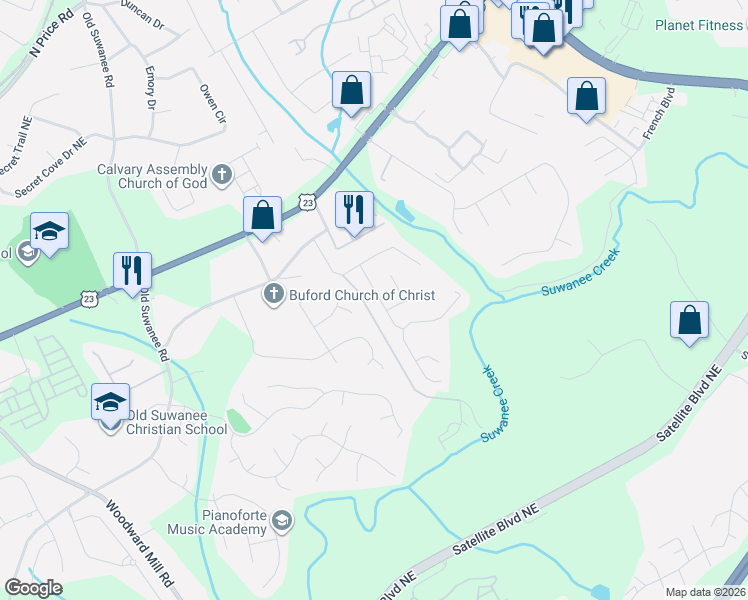 map of restaurants, bars, coffee shops, grocery stores, and more near 4128 Brynhill Lane in Buford