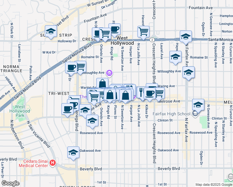 map of restaurants, bars, coffee shops, grocery stores, and more near 740 North Kings Road in Los Angeles
