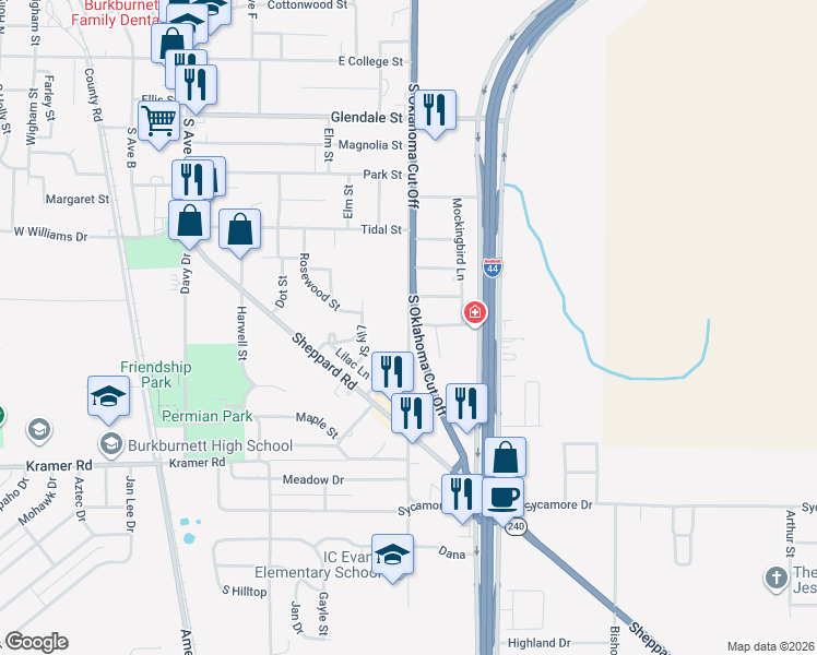 map of restaurants, bars, coffee shops, grocery stores, and more near 595 South Berry Street in Burkburnett
