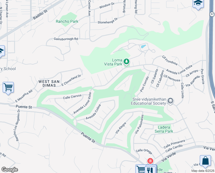 map of restaurants, bars, coffee shops, grocery stores, and more near 1372 Avenida Loma Vista in San Dimas