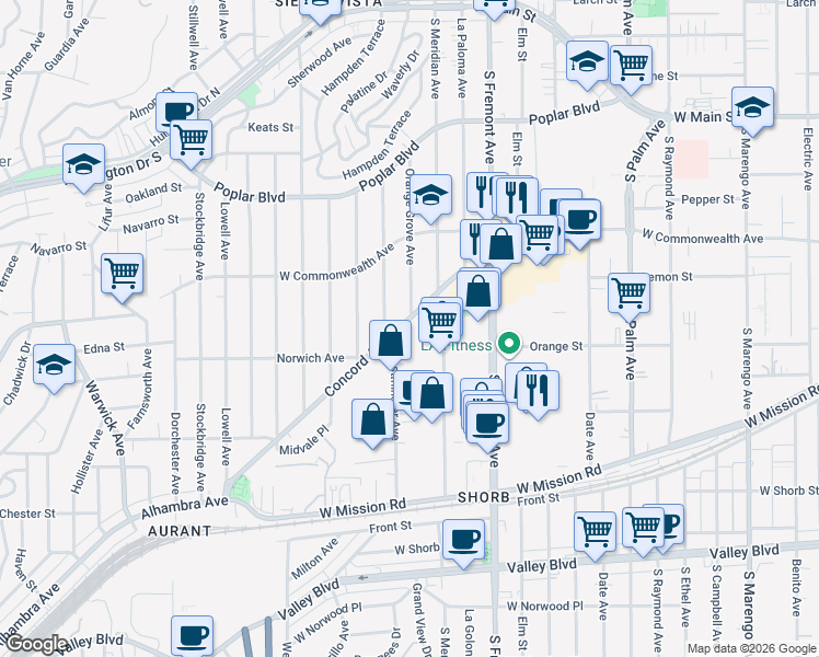 map of restaurants, bars, coffee shops, grocery stores, and more near 2908 Concord Avenue in Alhambra