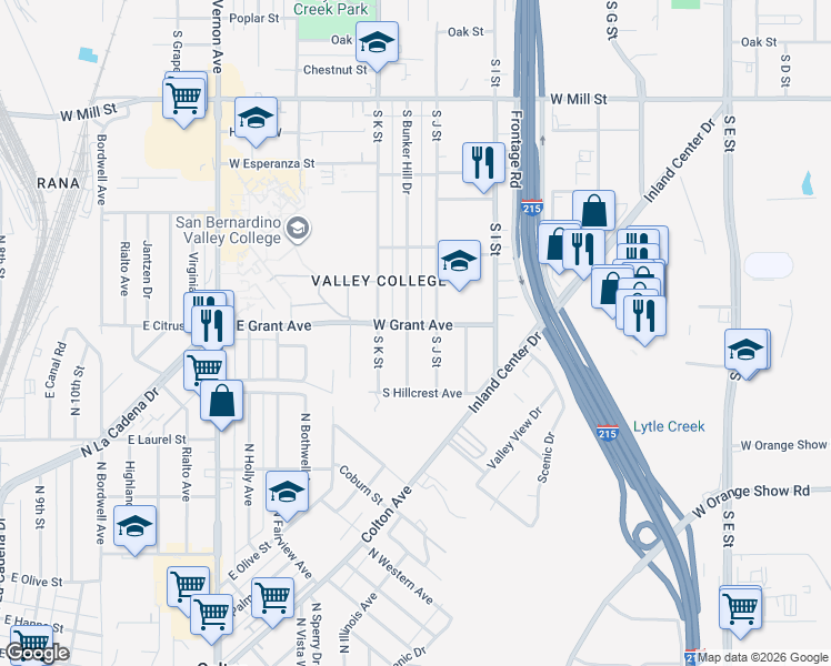map of restaurants, bars, coffee shops, grocery stores, and more near 824 South J Street in San Bernardino