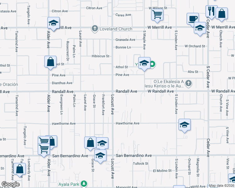map of restaurants, bars, coffee shops, grocery stores, and more near 9327 Locust Avenue in Fontana