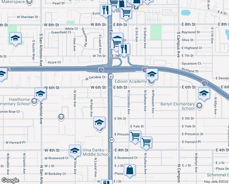 map of restaurants, bars, coffee shops, grocery stores, and more near 1446 North Euclid Avenue in Ontario