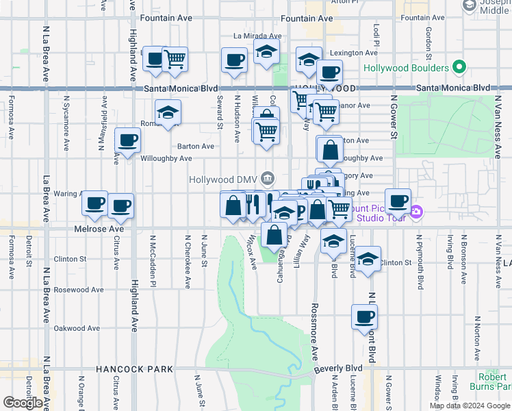 map of restaurants, bars, coffee shops, grocery stores, and more near 740 Wilcox Avenue in Los Angeles