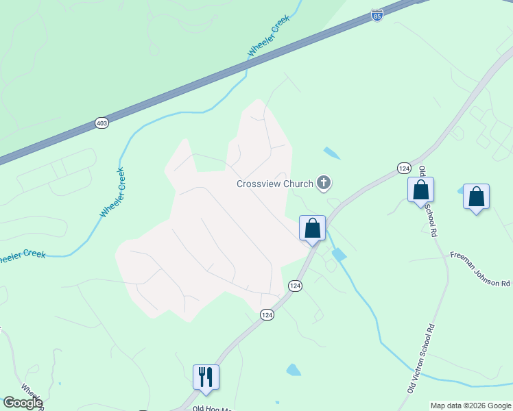 map of restaurants, bars, coffee shops, grocery stores, and more near 1922 East Bay Street in Hoschton