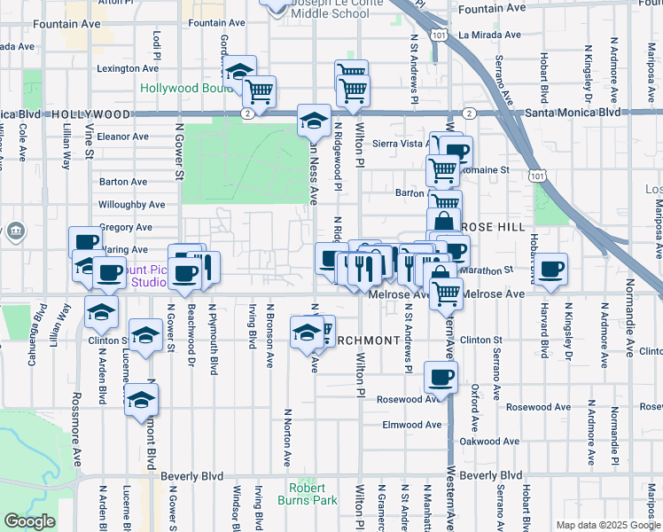 map of restaurants, bars, coffee shops, grocery stores, and more near 737 North Ridgewood Place in Los Angeles