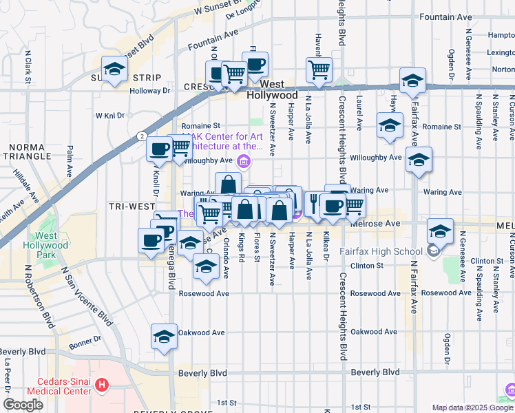 map of restaurants, bars, coffee shops, grocery stores, and more near 740 Kings Road in Los Angeles
