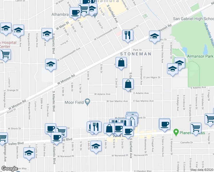 map of restaurants, bars, coffee shops, grocery stores, and more near 302 West Linda Vista Avenue in Alhambra