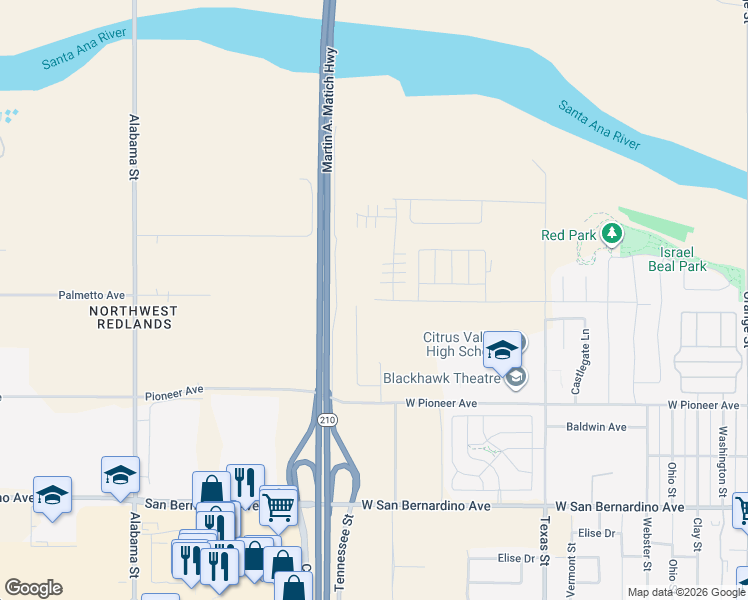 map of restaurants, bars, coffee shops, grocery stores, and more near 1155 Domestic Avenue in Redlands
