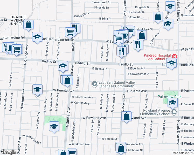 map of restaurants, bars, coffee shops, grocery stores, and more near 758 North Ellen Drive in West Covina