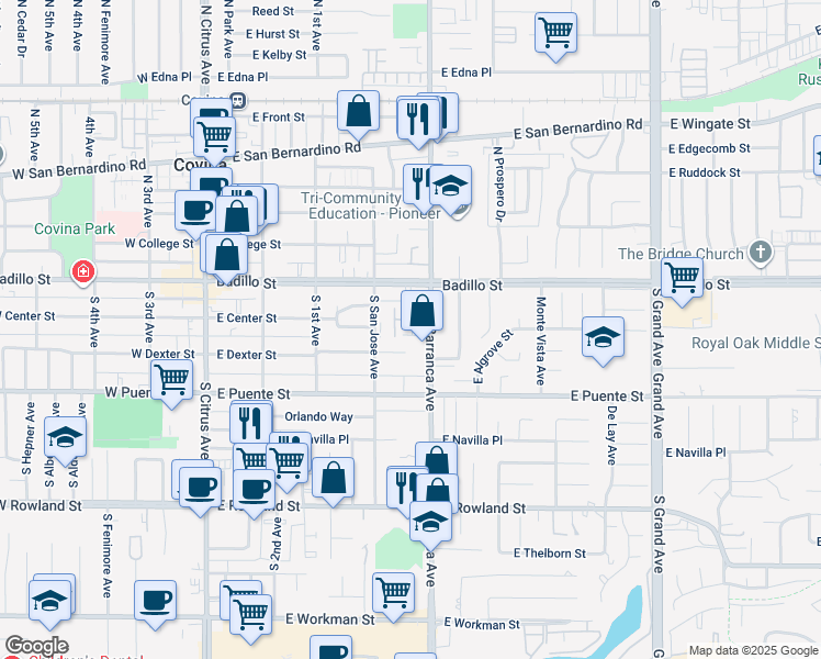 map of restaurants, bars, coffee shops, grocery stores, and more near 450 East Algrove Street in Covina