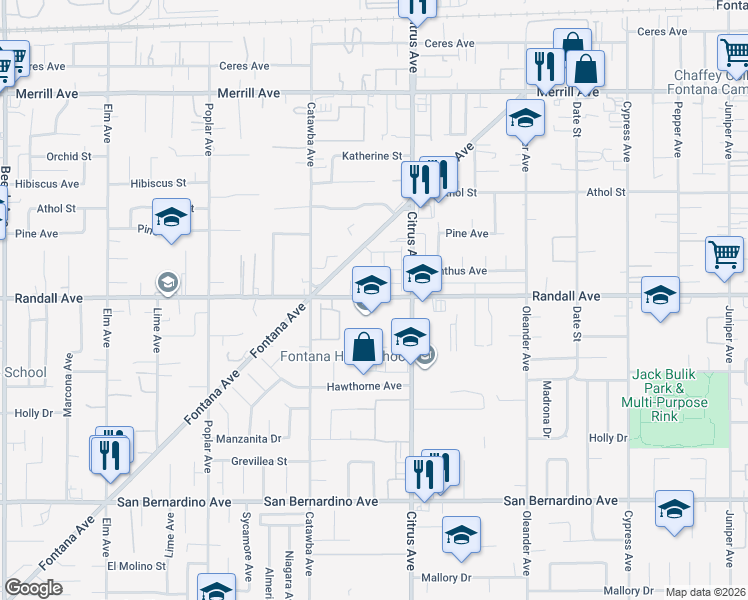 map of restaurants, bars, coffee shops, grocery stores, and more near 16041 Randall Avenue in Fontana