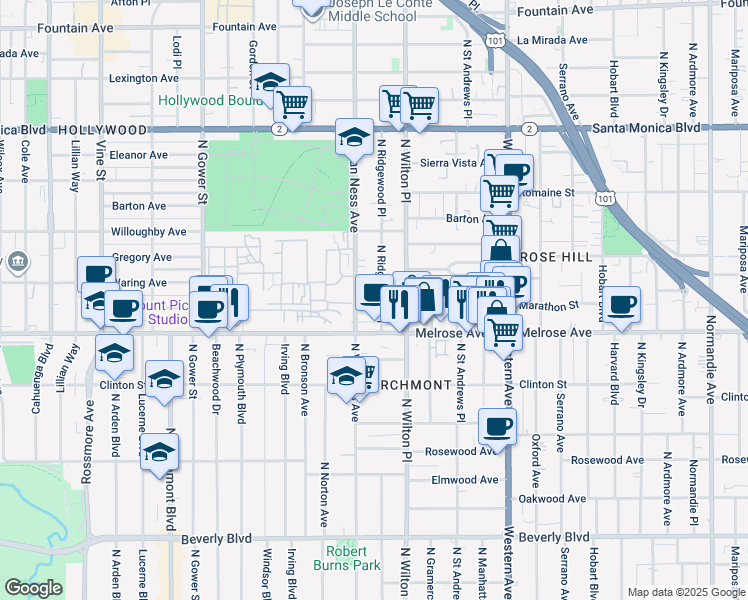 map of restaurants, bars, coffee shops, grocery stores, and more near 732 North Van Ness Avenue in Los Angeles