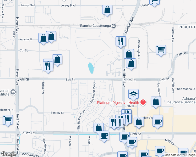 map of restaurants, bars, coffee shops, grocery stores, and more near 11126 6th Street in Rancho Cucamonga