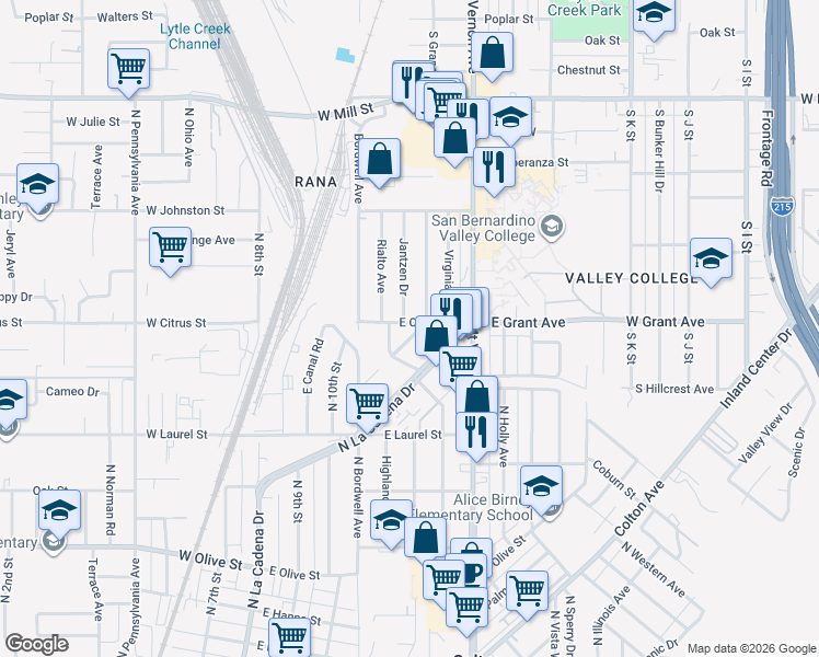 map of restaurants, bars, coffee shops, grocery stores, and more near 1455 Veterans Way in Colton