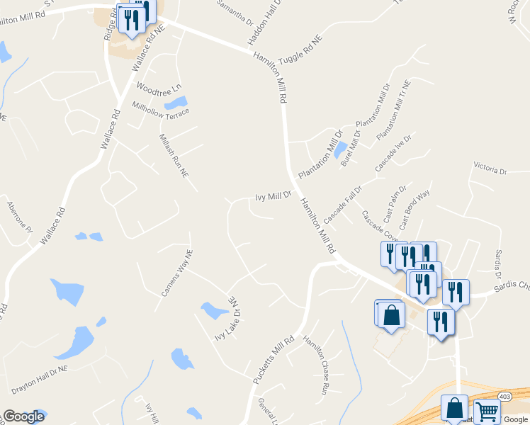 map of restaurants, bars, coffee shops, grocery stores, and more near 3368 Briarglen Circle in Buford
