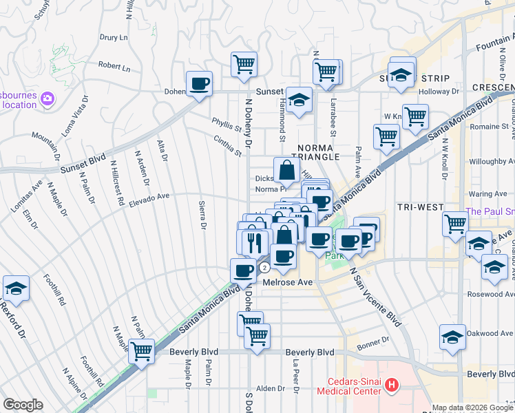 map of restaurants, bars, coffee shops, grocery stores, and more near 9044 Elevado Avenue in West Hollywood