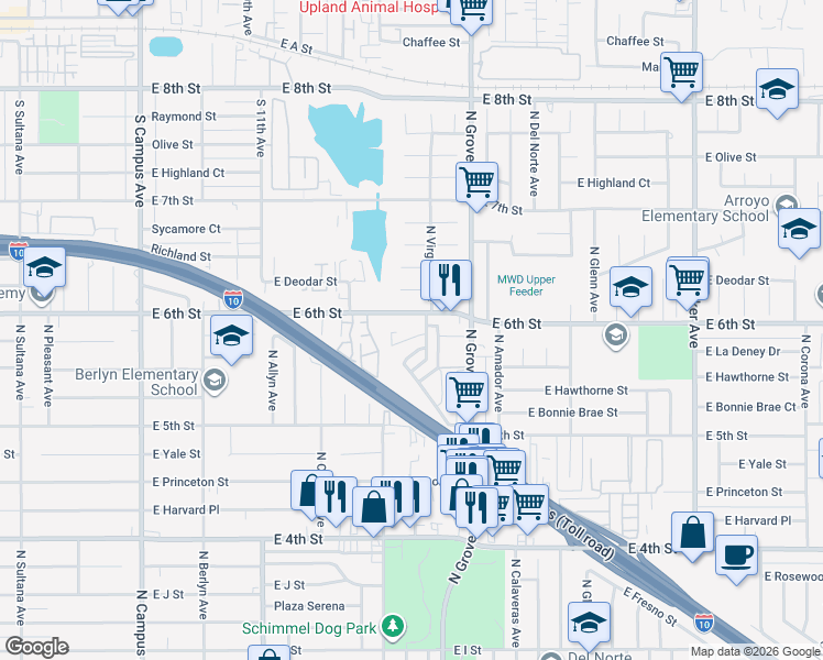 map of restaurants, bars, coffee shops, grocery stores, and more near 1109 East La Deney Court in Ontario