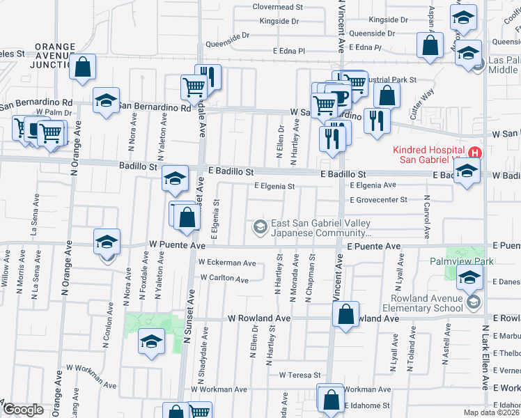 map of restaurants, bars, coffee shops, grocery stores, and more near 754 North Ellen Drive in West Covina