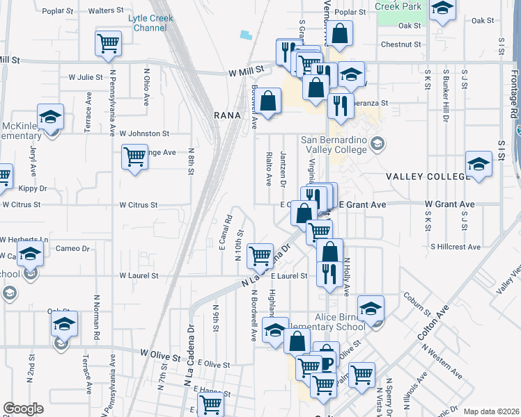map of restaurants, bars, coffee shops, grocery stores, and more near 410 East Citrus Street in Colton