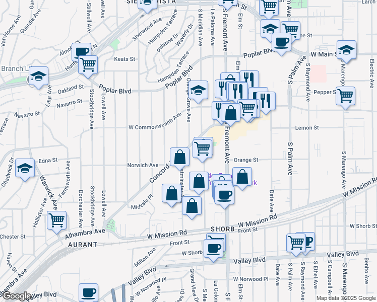 map of restaurants, bars, coffee shops, grocery stores, and more near 2908 Concord Avenue in Alhambra