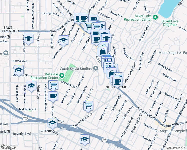 map of restaurants, bars, coffee shops, grocery stores, and more near 950 Micheltorena Street in Los Angeles