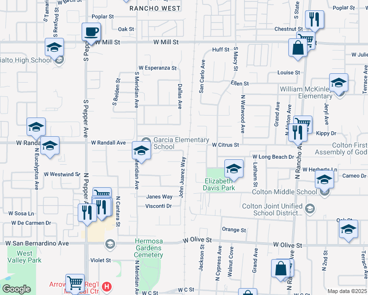 map of restaurants, bars, coffee shops, grocery stores, and more near 1225 Reyes Hernandez Lane in Colton