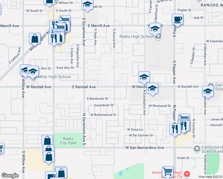 map of restaurants, bars, coffee shops, grocery stores, and more near 921 South Acacia Avenue in Rialto