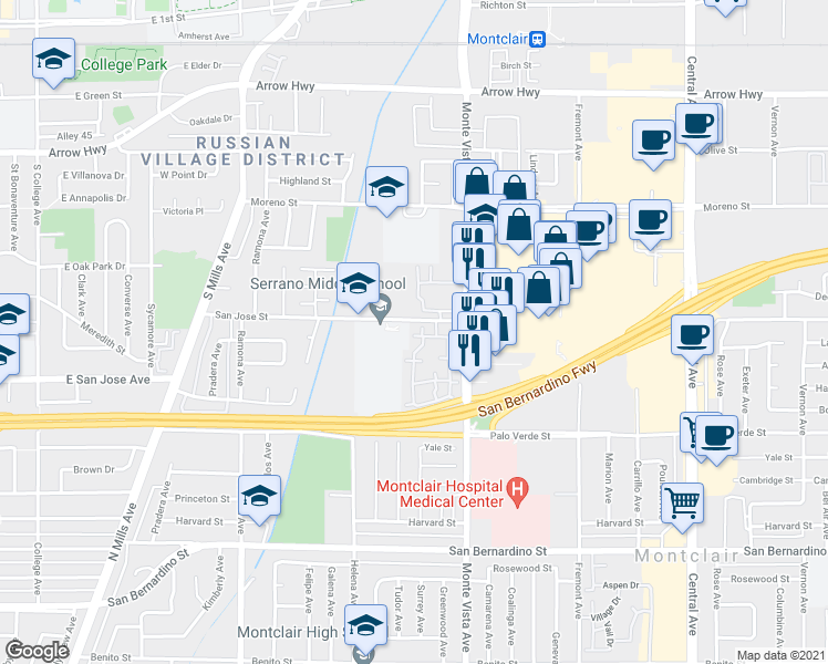 map of restaurants, bars, coffee shops, grocery stores, and more near 9322 Shadowood Drive in Montclair