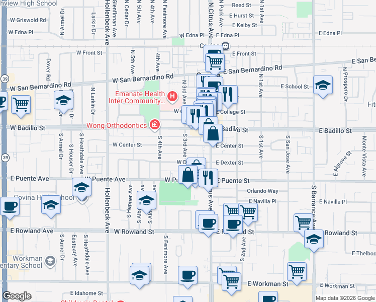 map of restaurants, bars, coffee shops, grocery stores, and more near 223 South 3rd Avenue in Covina