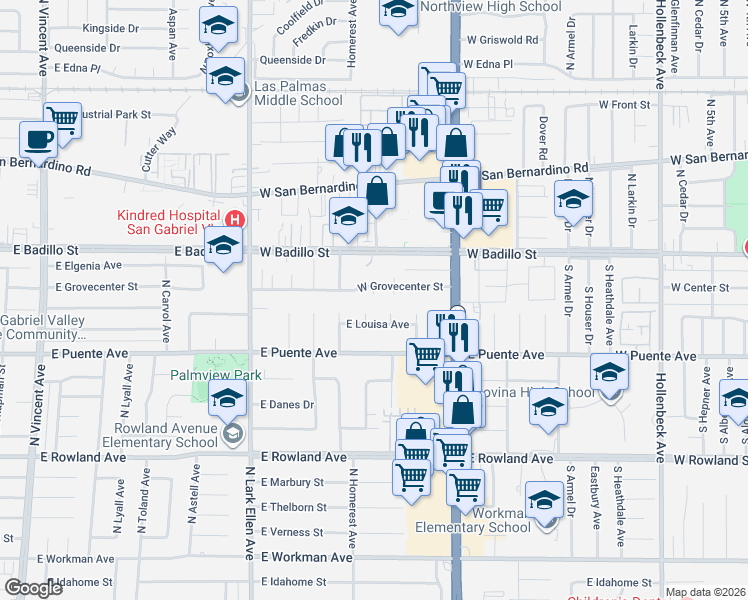 map of restaurants, bars, coffee shops, grocery stores, and more near 216 South Homerest Avenue in Covina