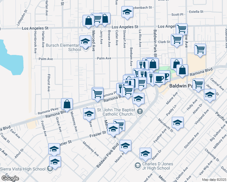 map of restaurants, bars, coffee shops, grocery stores, and more near 13858 Ramona Parkway in Baldwin Park
