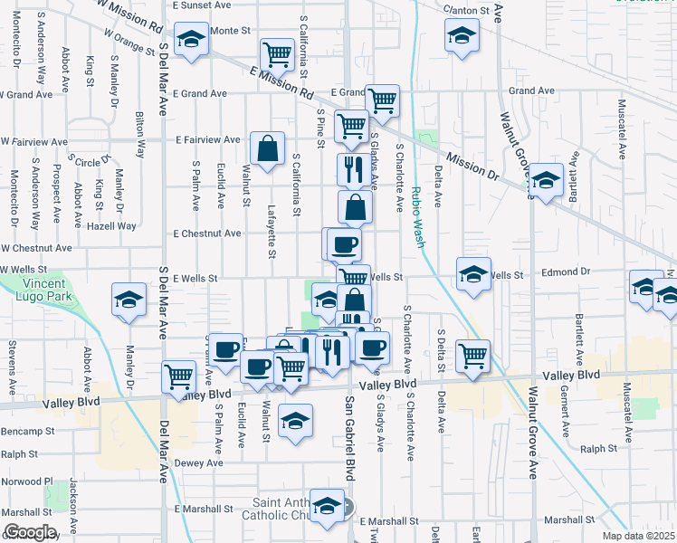 map of restaurants, bars, coffee shops, grocery stores, and more near 701 East Wells Street in San Gabriel