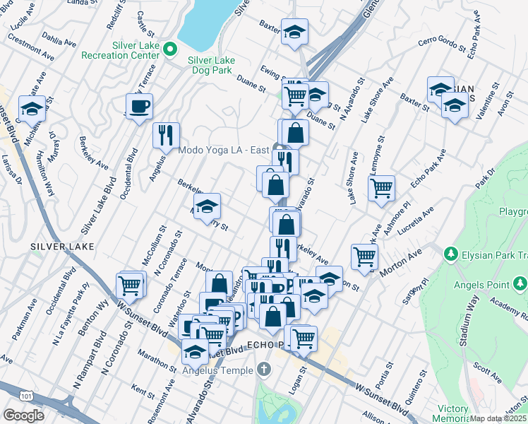 map of restaurants, bars, coffee shops, grocery stores, and more near 2217 Berkeley Avenue in Los Angeles