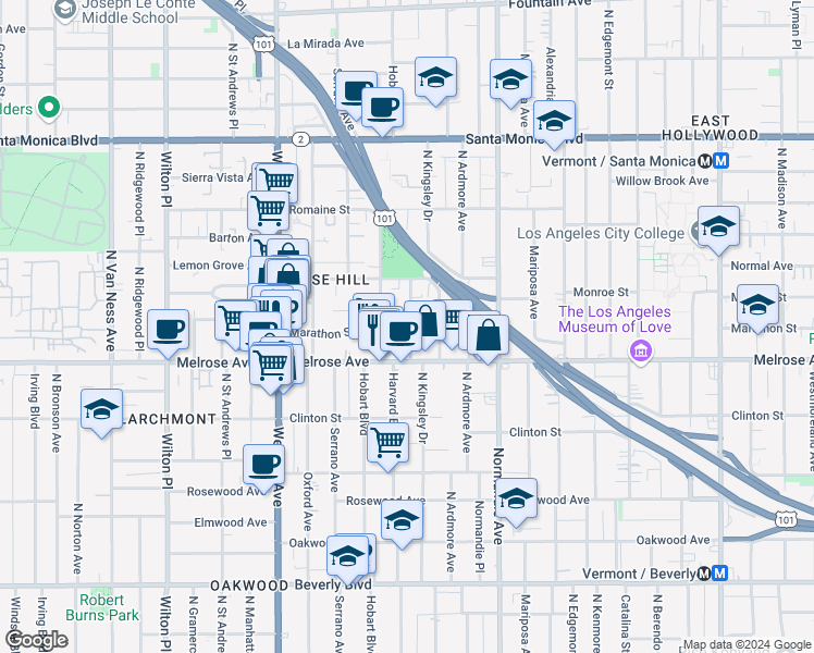 map of restaurants, bars, coffee shops, grocery stores, and more near 732 North Harvard Boulevard in Los Angeles