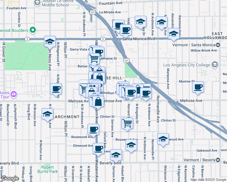 map of restaurants, bars, coffee shops, grocery stores, and more near 4932 Marathon Street in Los Angeles